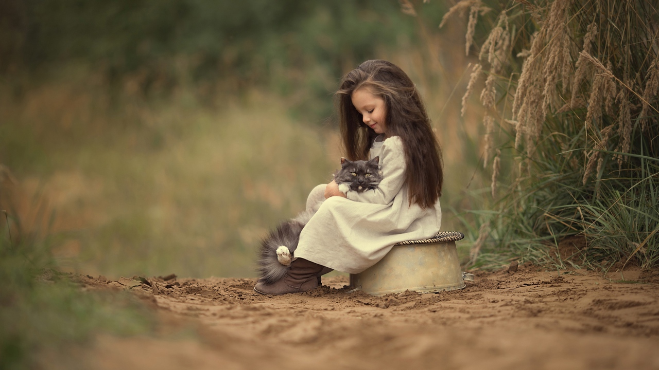 Маленькая милая девочка с котом на дороге 