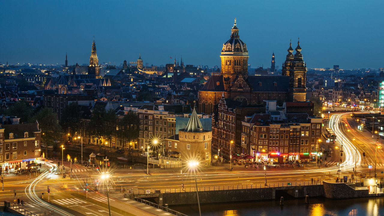 Панорама ночного города Амстердам, Нидерланды