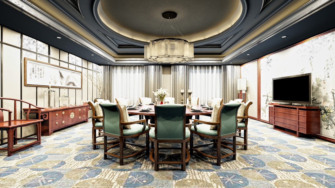 Большая гостиная комната со столом и большой люстрой