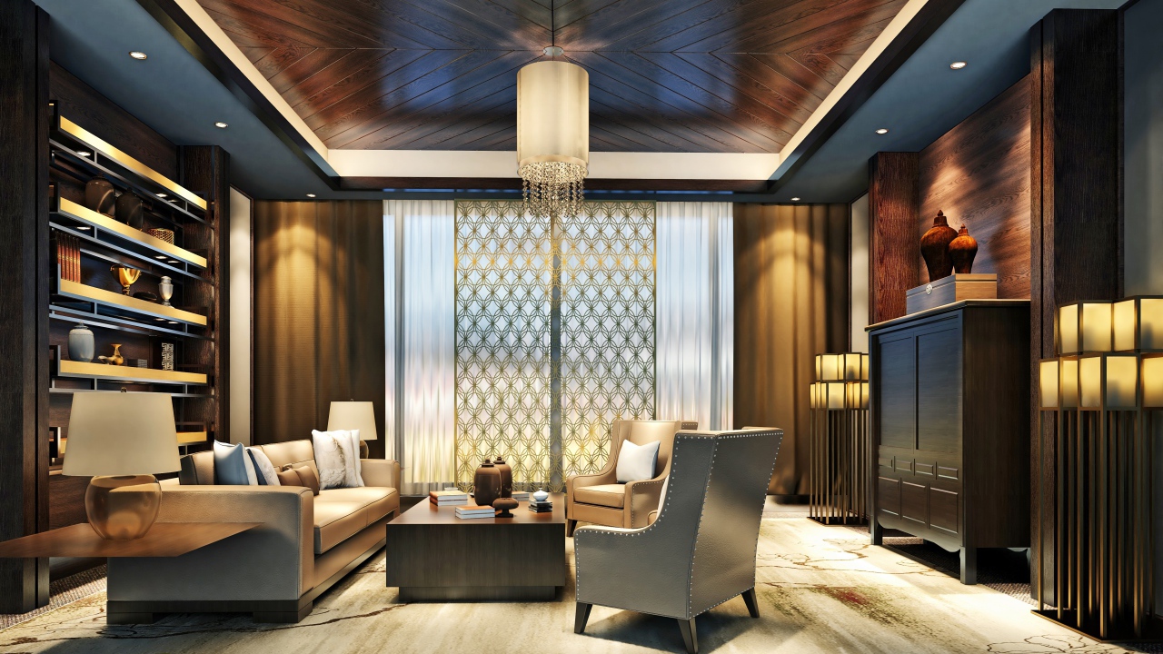 Стильная гостиная с деревянной отделкой