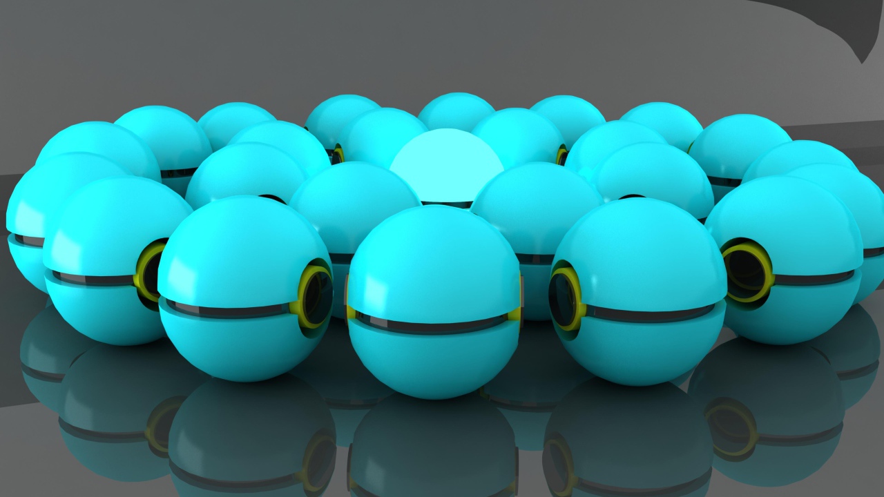 Много голубых шаров отражаются в сером поверхности 
