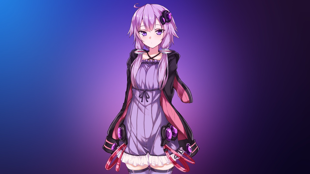 Девушка аниме Юзуки Юкари на фиолетовом фоне