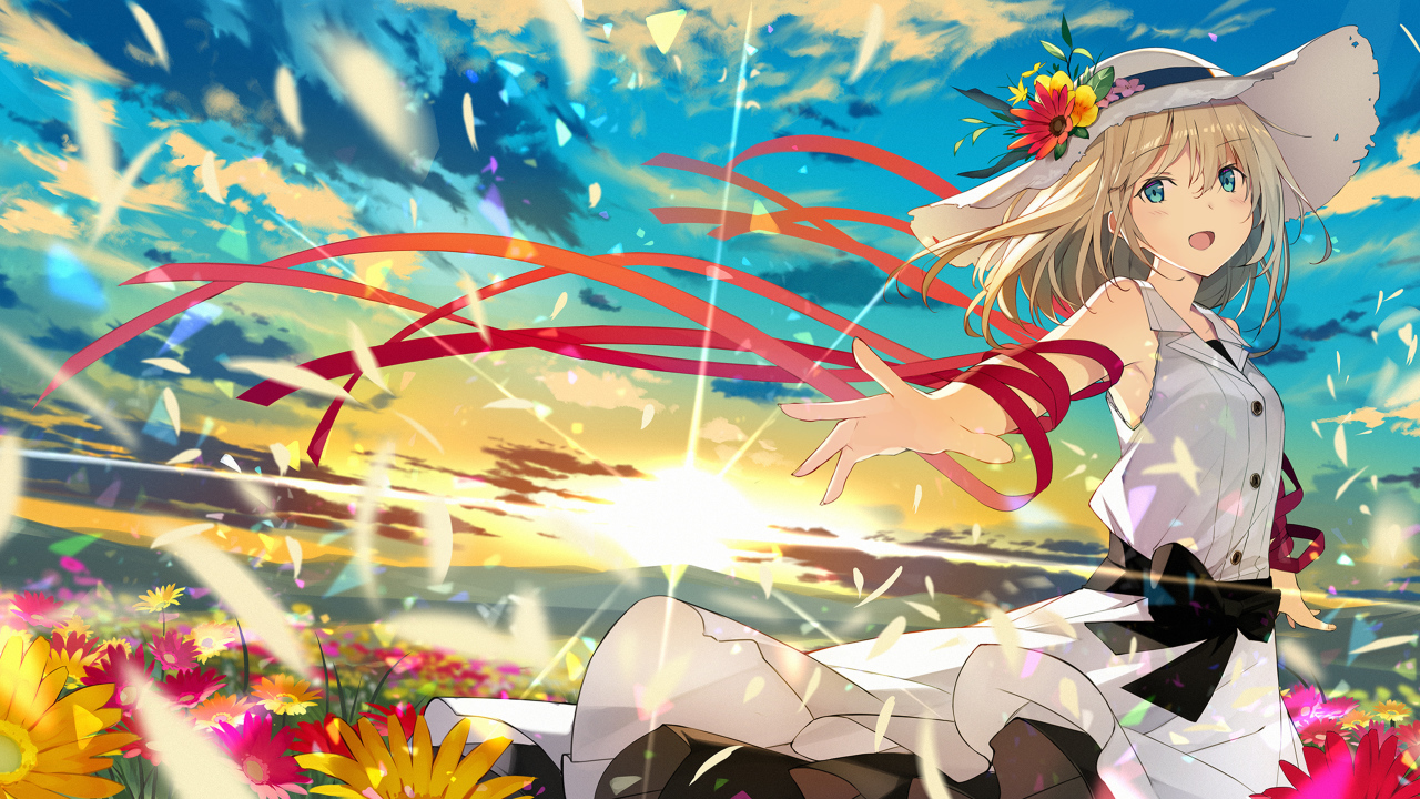 Девушка аниме в шляпе гуляет по полю с цветами