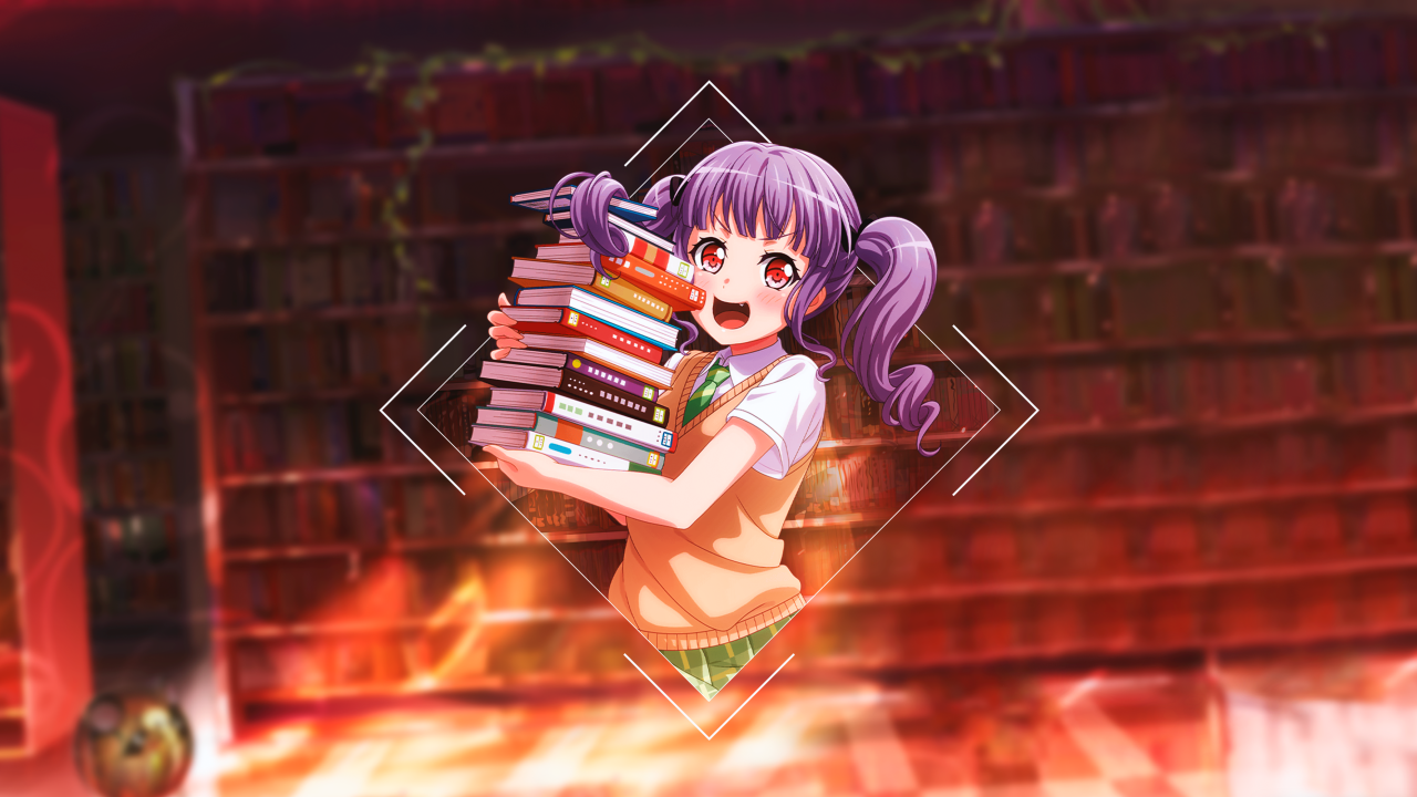 Девушка аниме с книгами в библиотеке