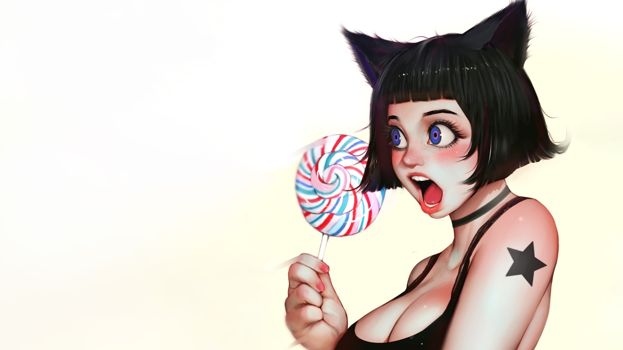 Девушка аниме с леденцом в руке на белом фоне 