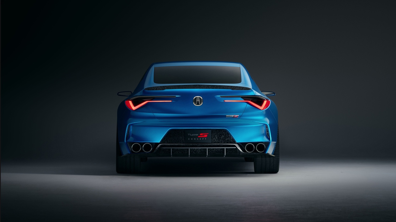Синий автомобиль Acura Type S Concept 2019 года вид сзади на сером фоне