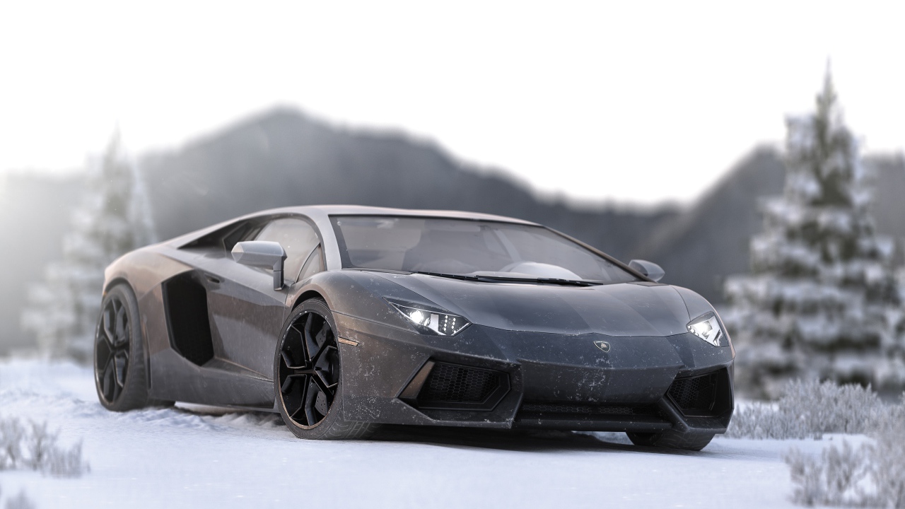 Серый спортивный автомобиль Lamborghini Aventador на снегу