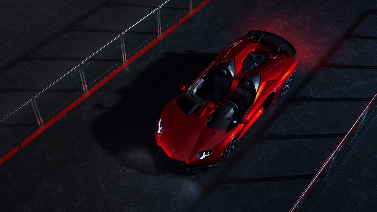 Красный спортивный автомобиль Lamborghini Aventador J CGI вид сверху