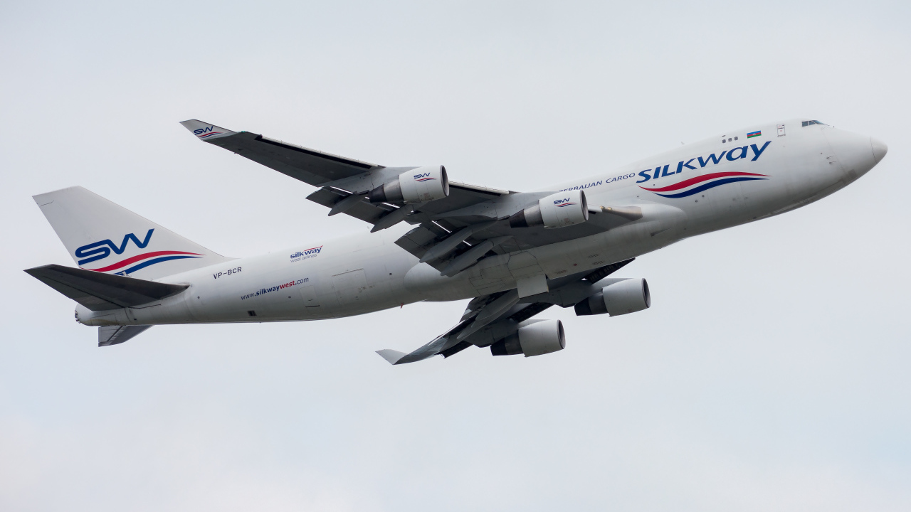 Silk Way passenger Boeing 747-400F in the sky