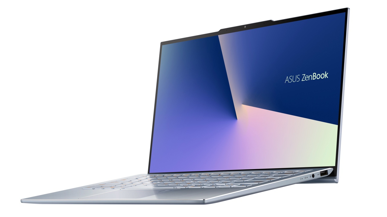 Ультратонкий безрамочный ноутбук ASUS Zenbook S13 на белом фоне, CES 2019