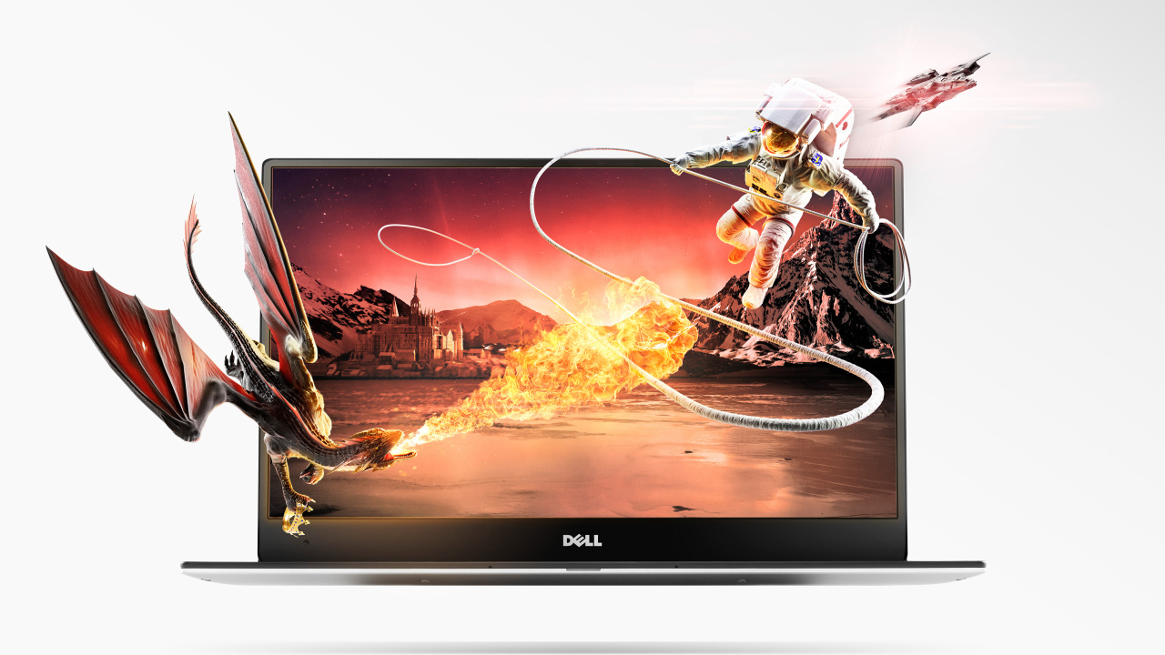 Дракон и астронавт вылетают из ноутбука Dell на белом фоне