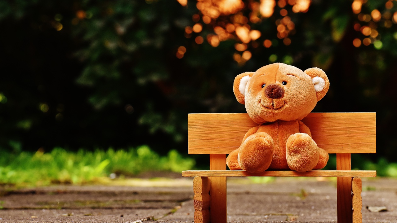 Медвежонок Тедди сидит на деревянной лавке