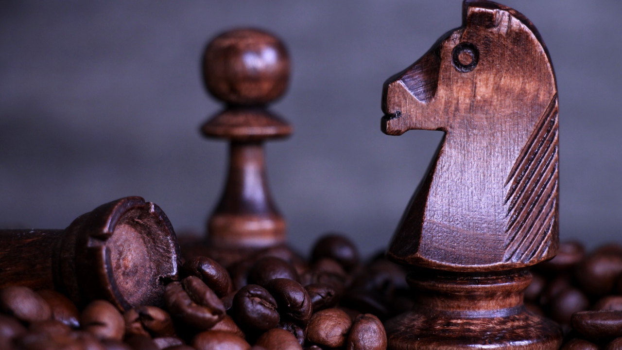 Деревянные шахматные фигуры стоят на кофейных зернах 