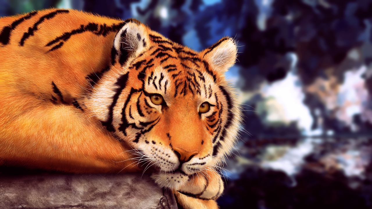 Большой нарисованный тигр лежит на камне