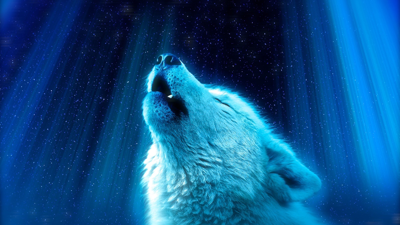 Фантастический белый волк воет на луну