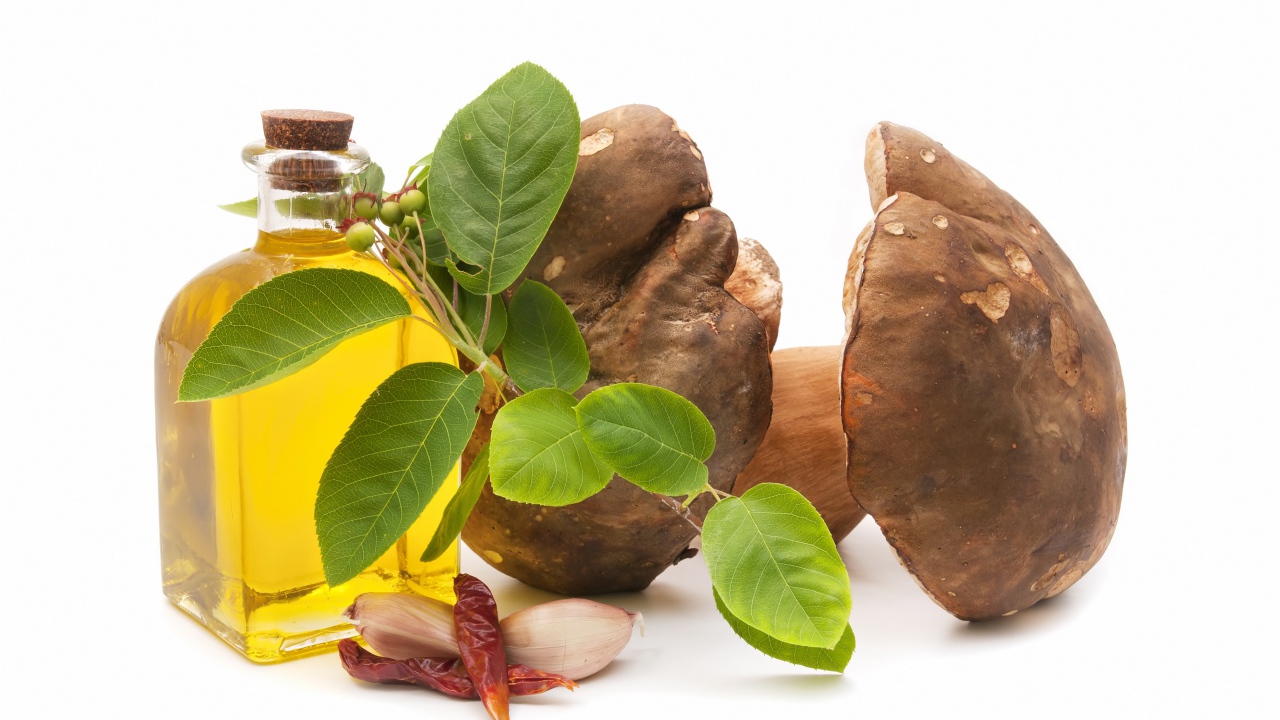 Грибы на белом фоне с оливковым маслом и чесноком