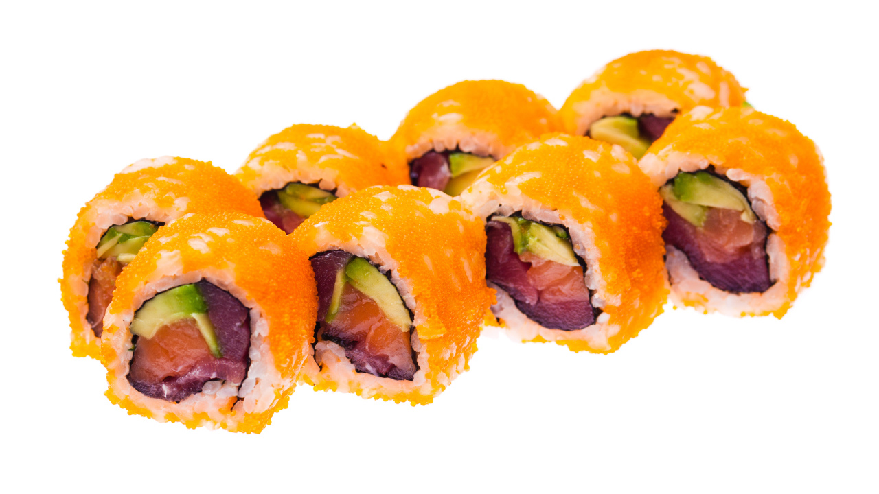 Роллы с красной икрой на белом фоне 