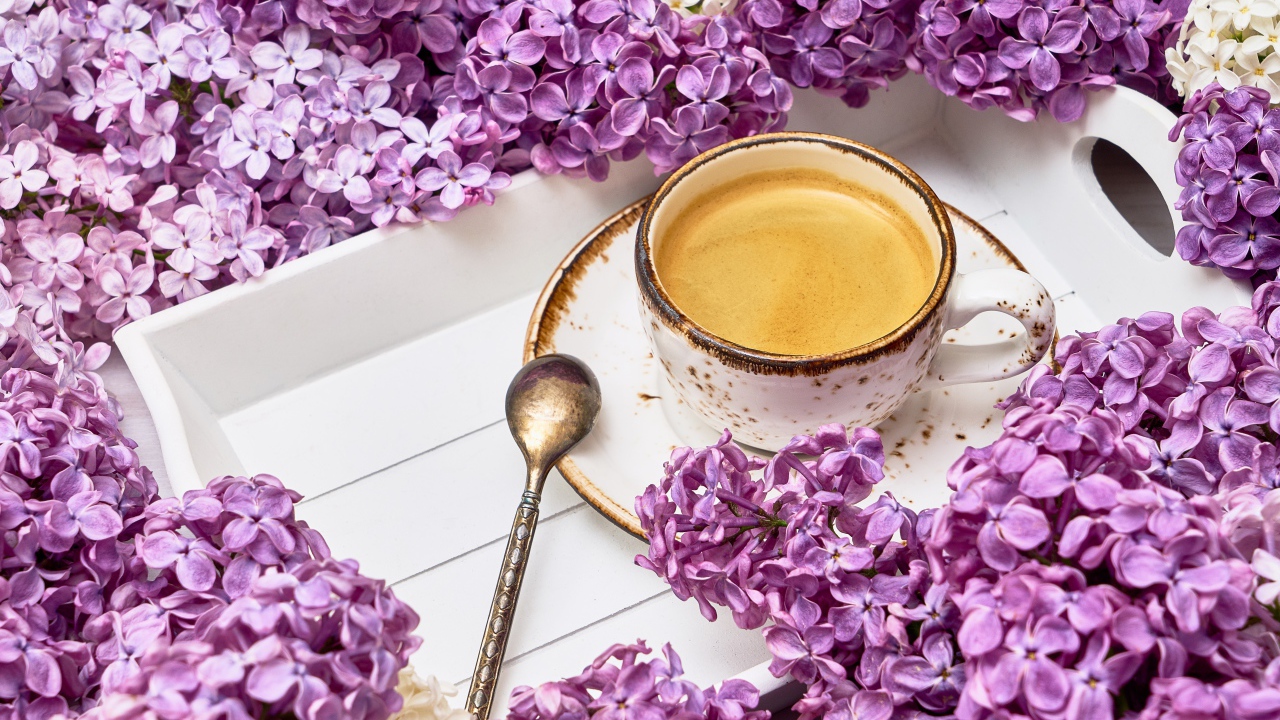 Чашка кофе на подносе с цветами сирени 
