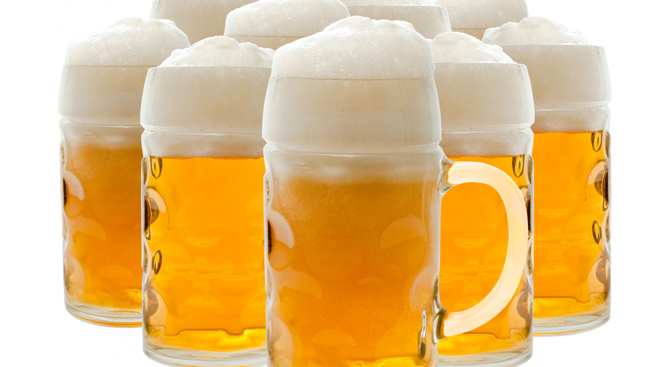 Много бокалов пенного пива на белом фоне