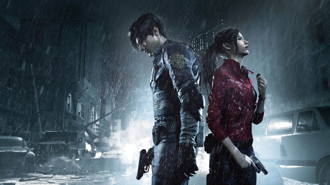 Персонажи компьютерной игры Resident Evil 2, 2019 года под дождем