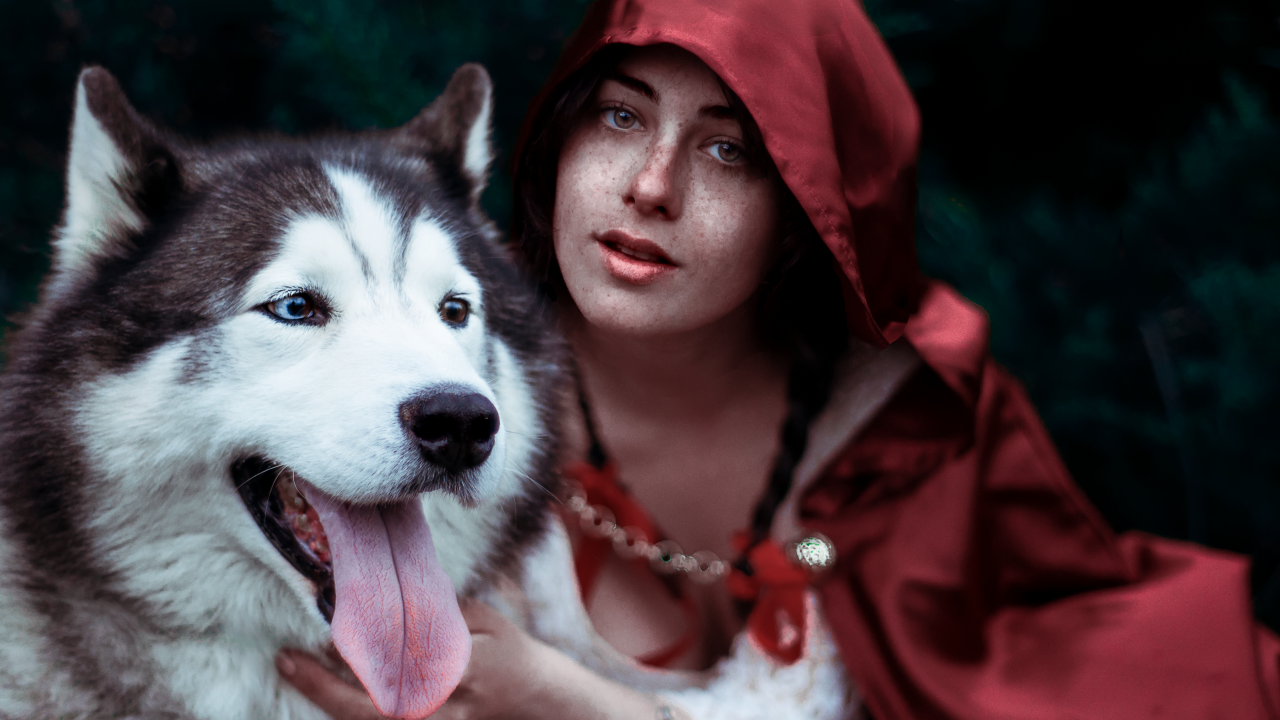 Девушка в красном плаще с собакой породы хаски