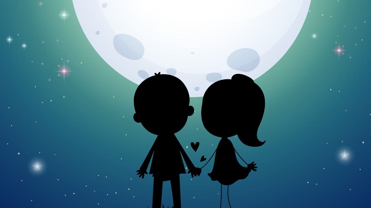 Нарисованные силуэту влюбленной пары на фоне луны