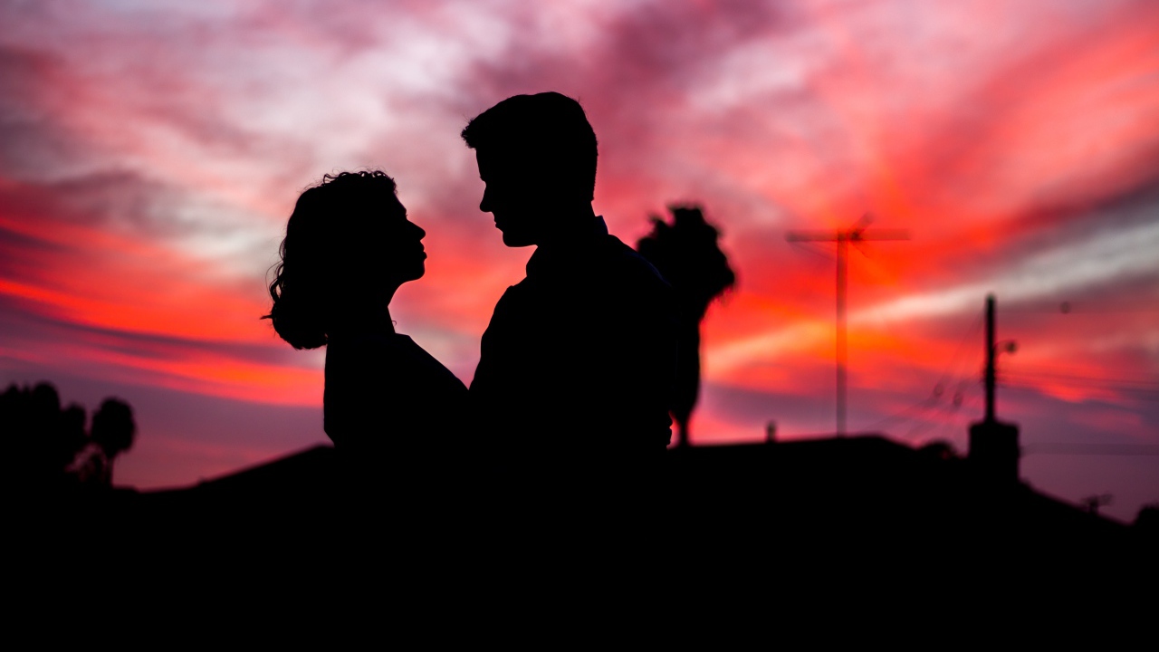 Silhouettes of a couple in love against the night sky