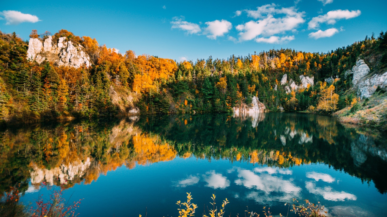 Голубое небо и лес отражаются в воде чистого горного озера