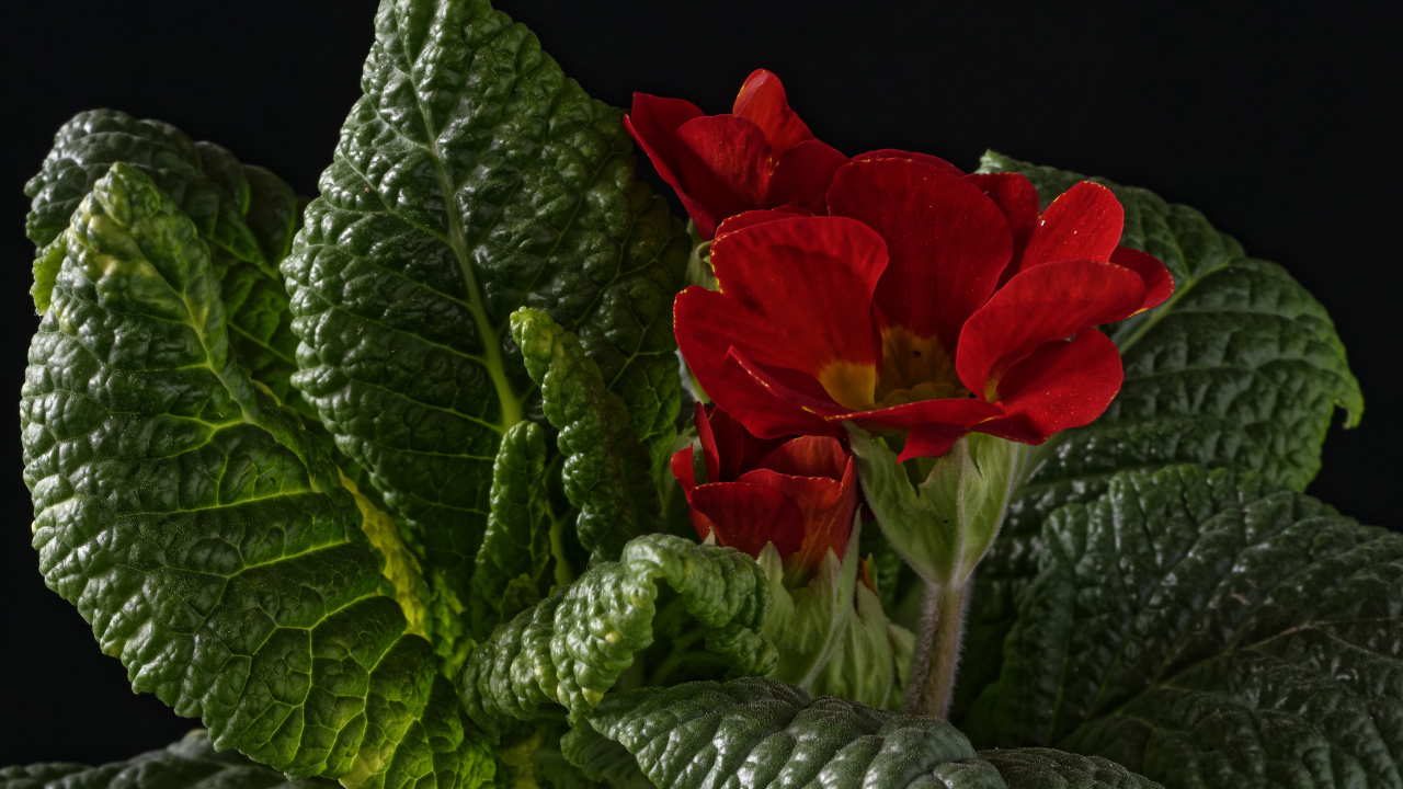 Красный цветок примулы в зеленых листьях на черном фоне
