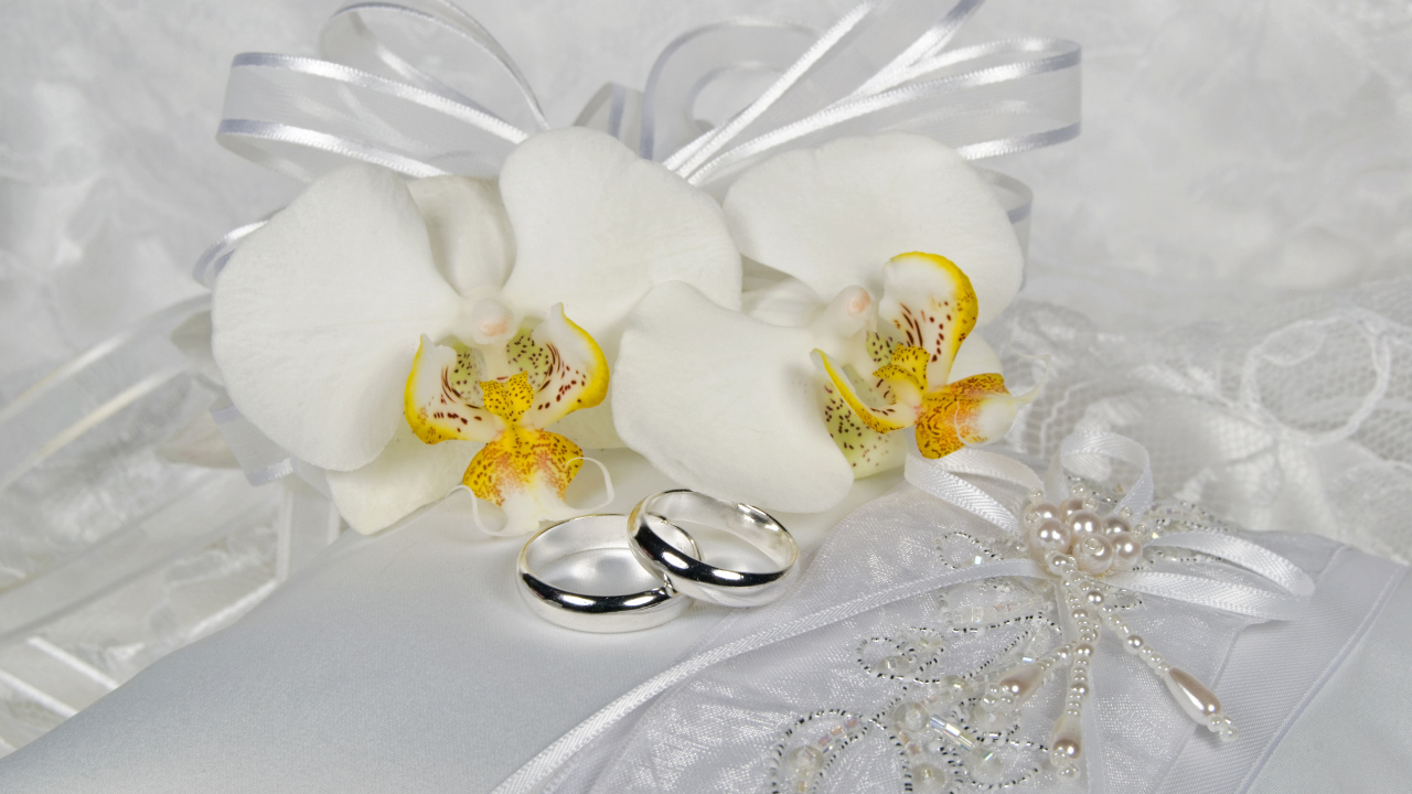 Два серебряных обручальных кольца с белыми цветами орхидеи