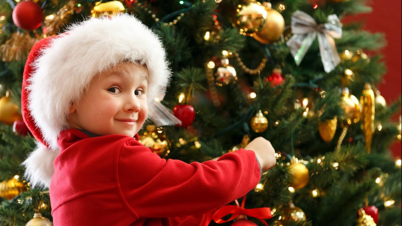 Мальчик в шапке Санта Клауса наряжает елку
