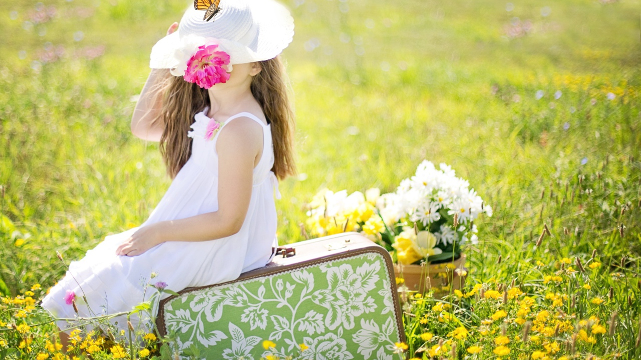 Маленькая девочка сидит на чемодане на поле с цветами