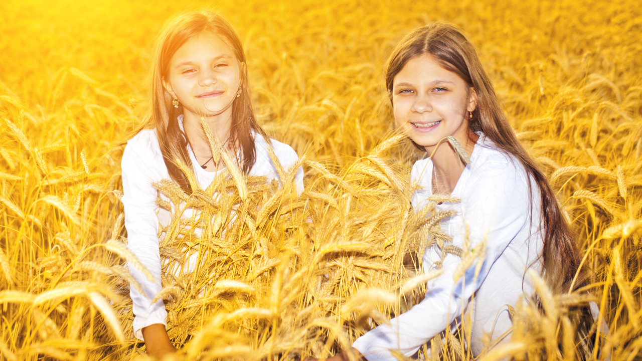 Две улыбающиеся девочки на поле с пшеницей