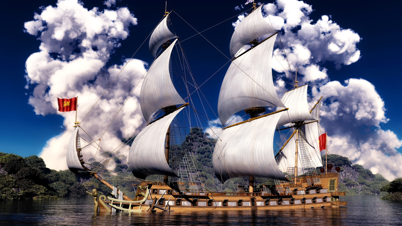 Красивое парусное судно на фоне белых облаков