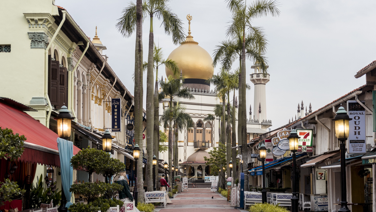 Улица с домами и видом на храм, город Сингапур. Азия