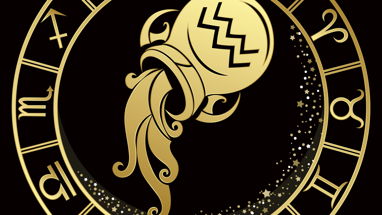 Золотой знак  зодиака водолей на черном фоне