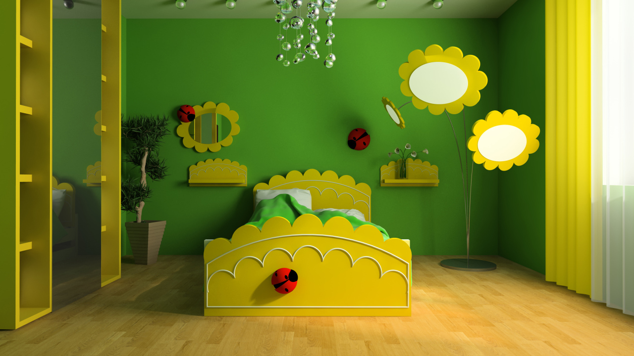 Красивая детская комната в зелено - желтом цвете интерьера