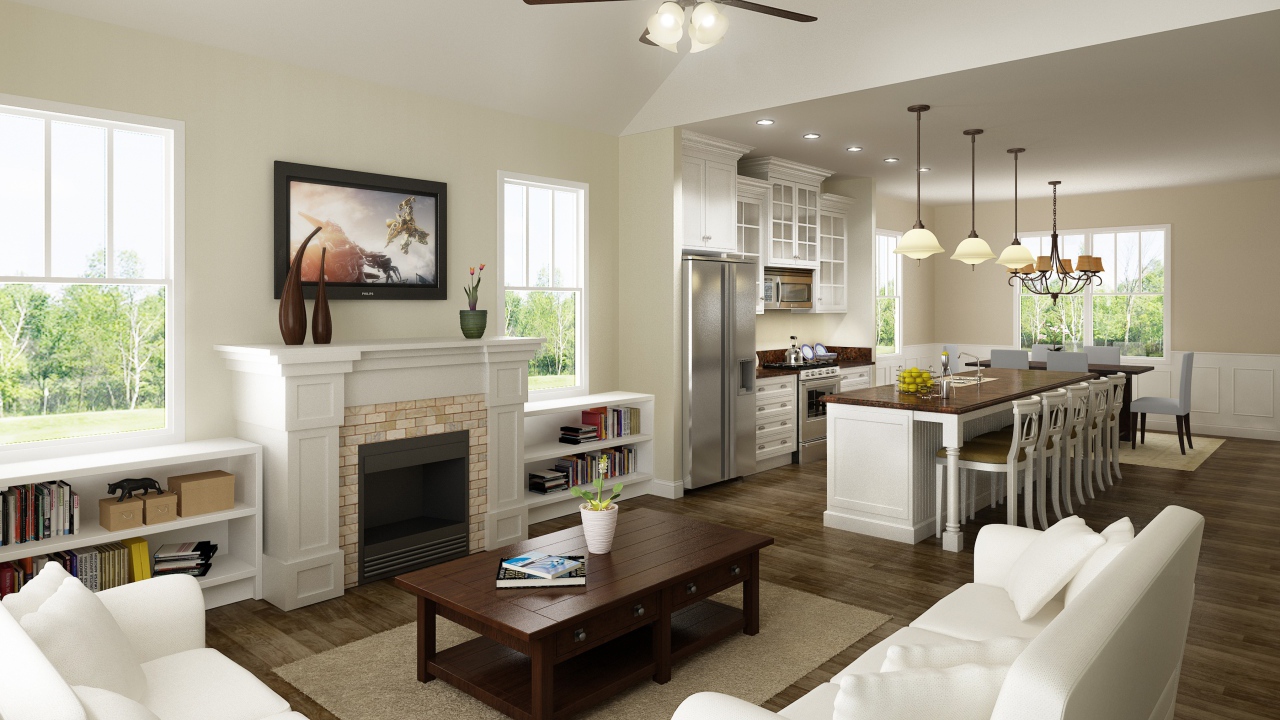 Светлая гостиная комната с кухней 