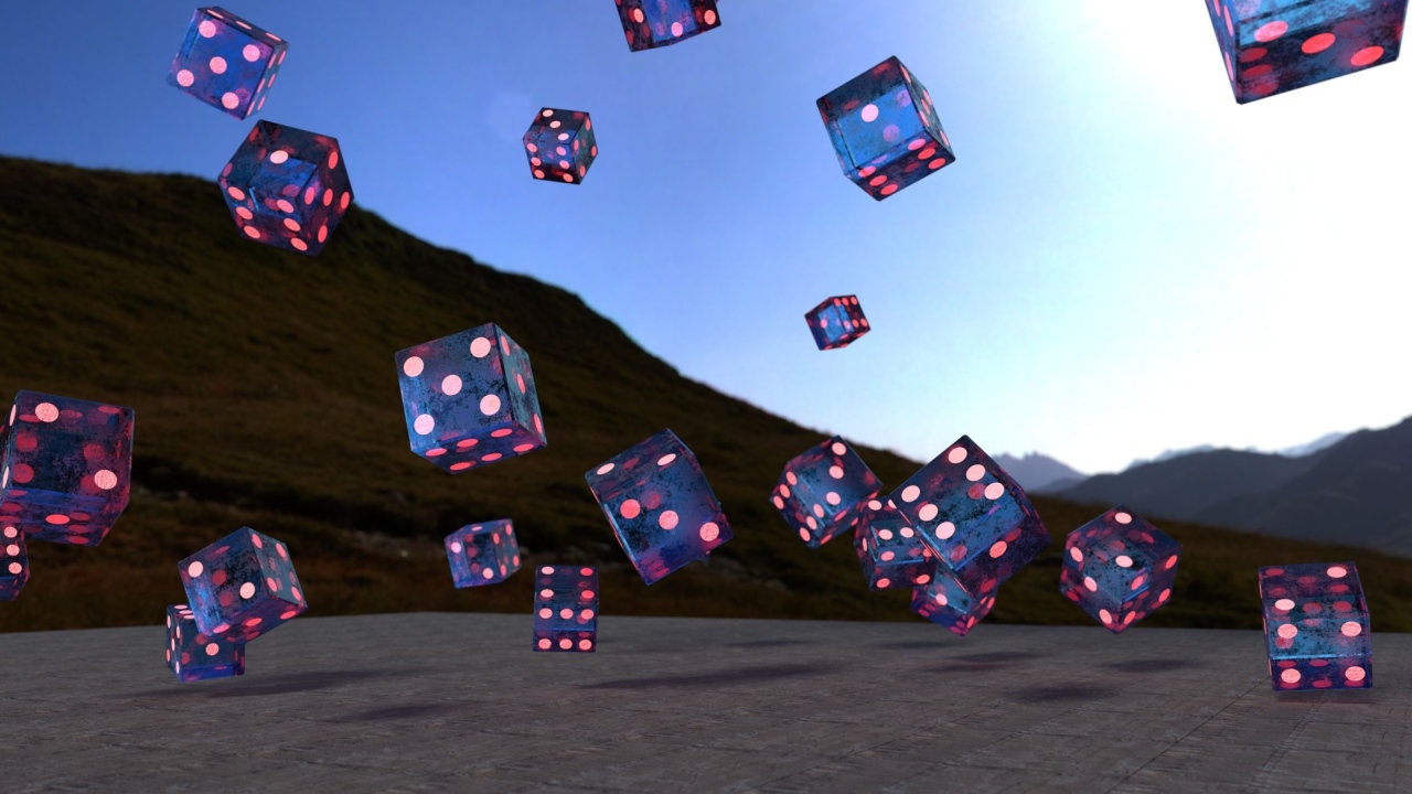 Летающие игральные кости над дорогой, 3д графика