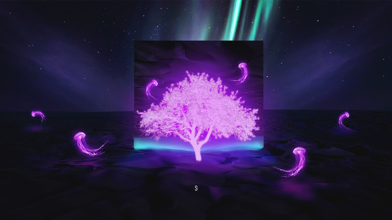 Neon tree in the desert against the sky with northern lights