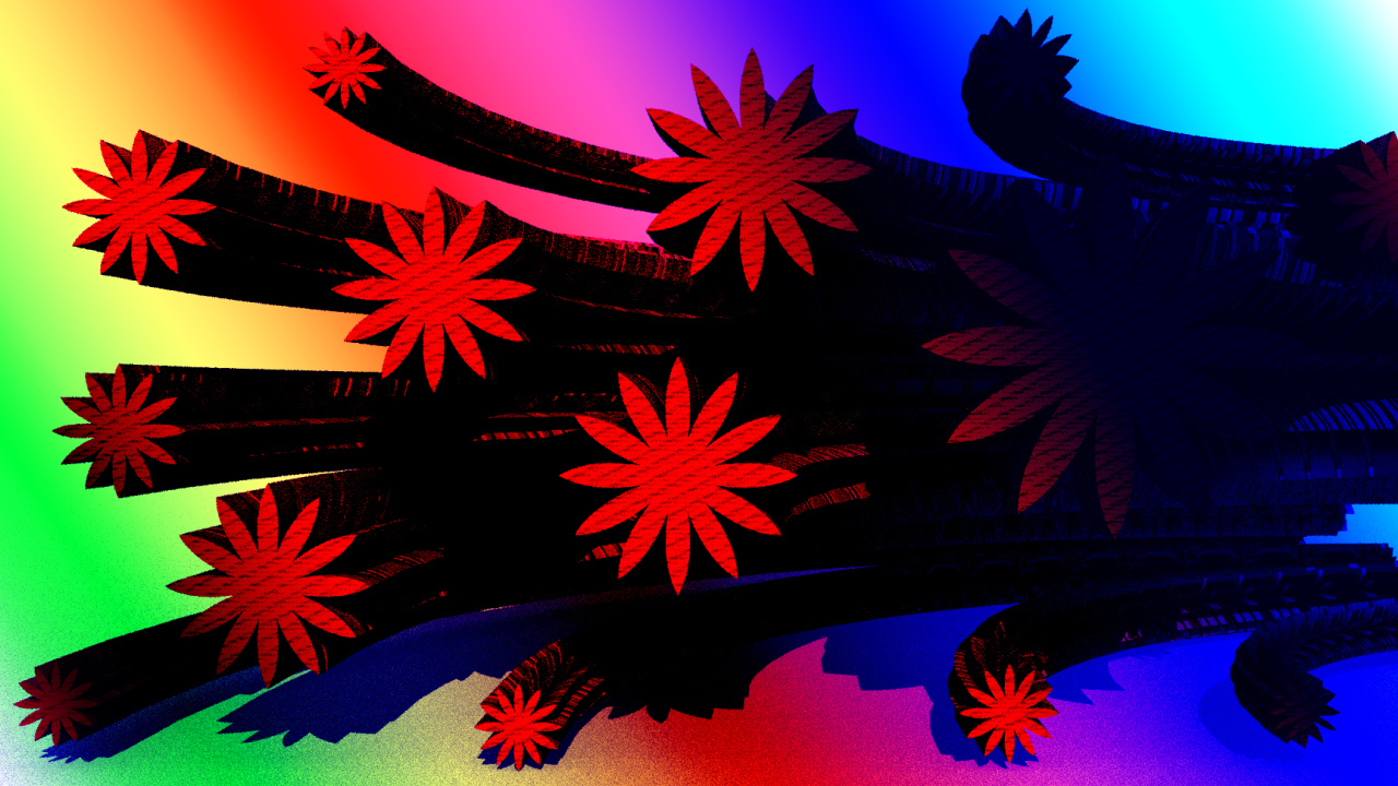 Red flowers on a colorful background, 3D graphics