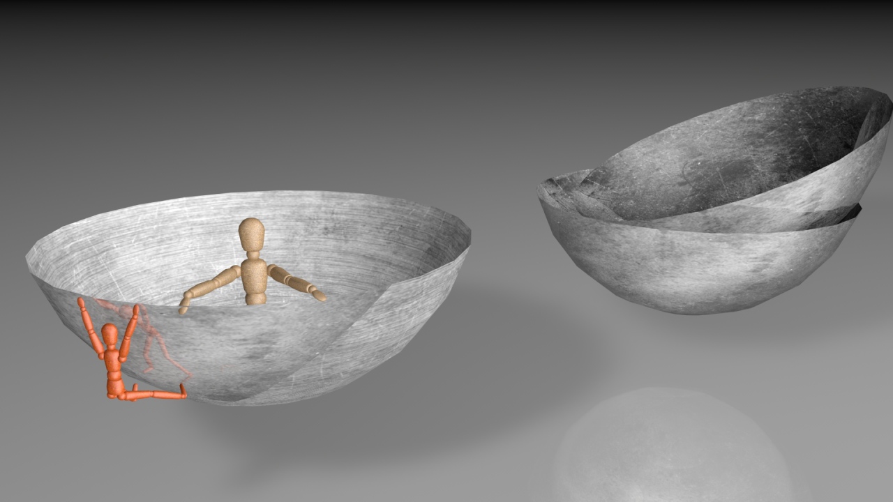 Роботы в серых чашах на сером фоне 3д графика