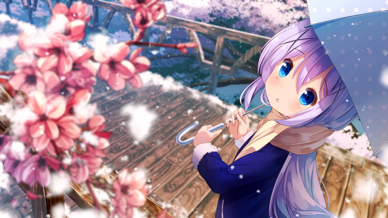 Anime girl with lilac hair under an umbrella