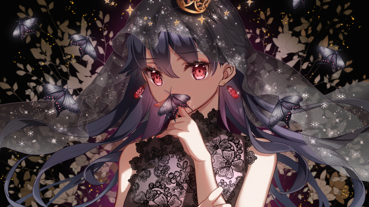 Красивая девушка аниме с бабочкой на пальце
