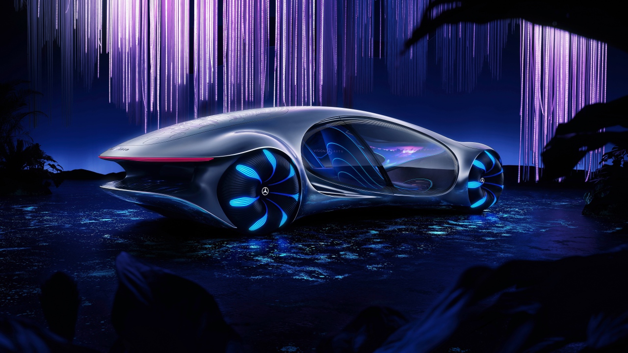 Футуристический автомобиль Mercedes-Benz VISION AVTR 2020 года на неоновом фоне