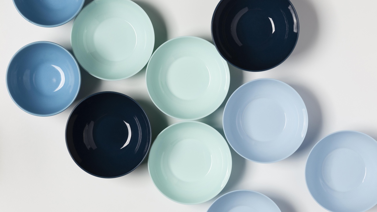 Multicolored porcelain bowls on the table