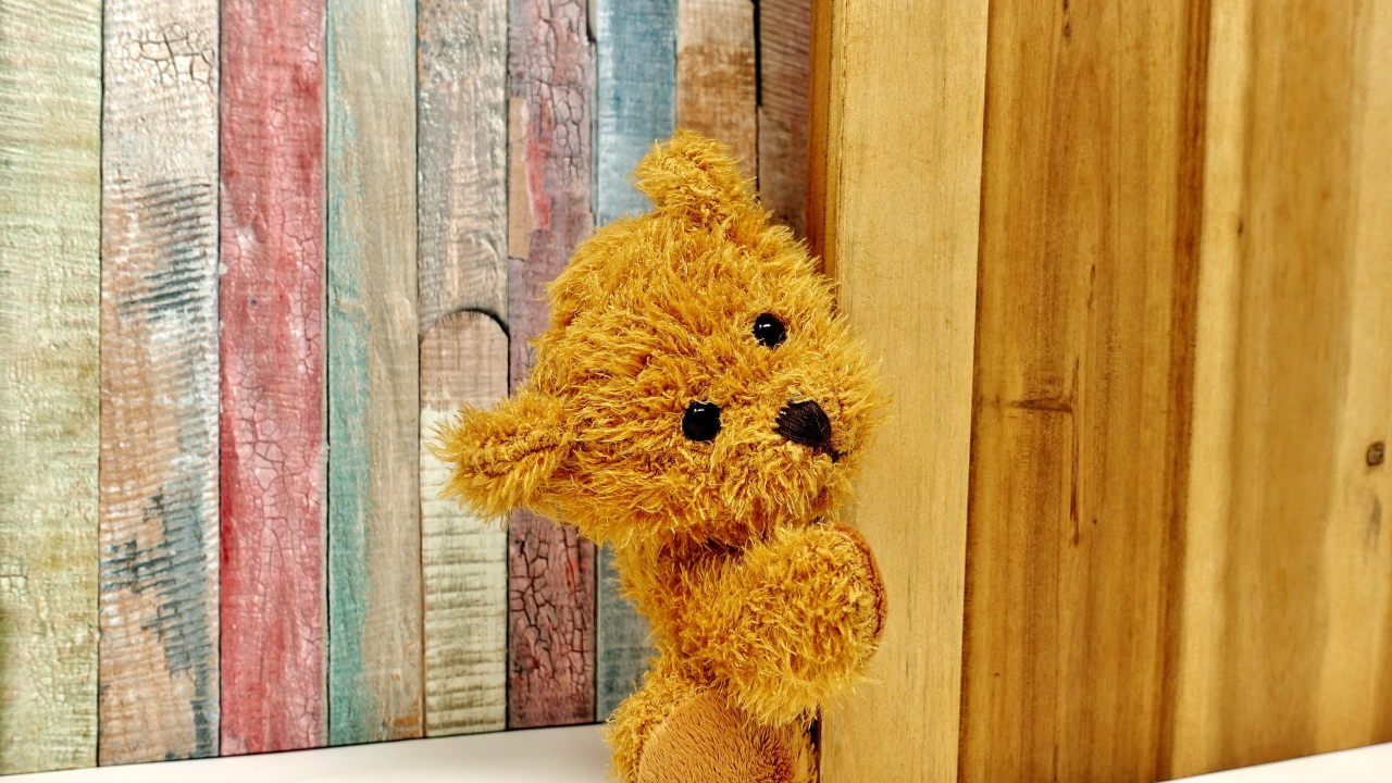 Медвежонок Тедди выглядывает из-за двери 