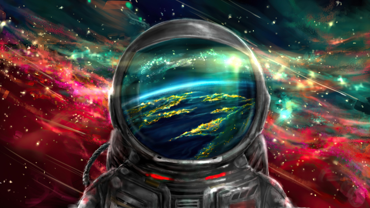 Drawn astronaut in a spacesuit in space