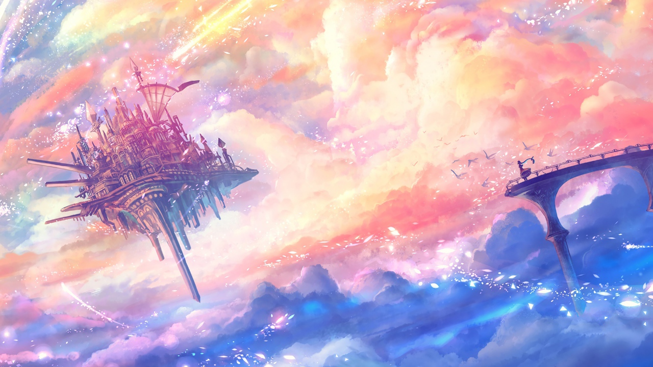 Фантастический замок на летающем острове в небе 