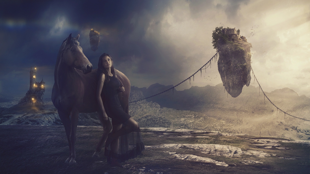 Девушка в черном платье с лошадью на фантастической планете